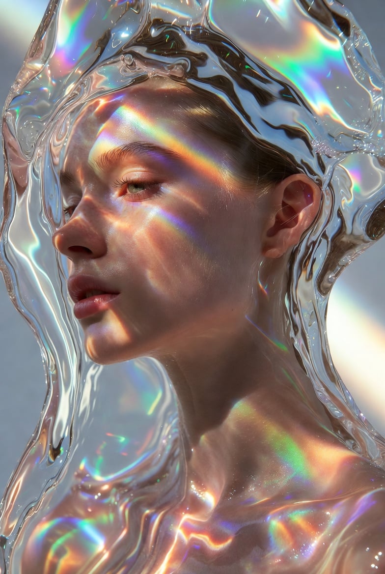 Portrait with flowing liquid glass and prismatic light