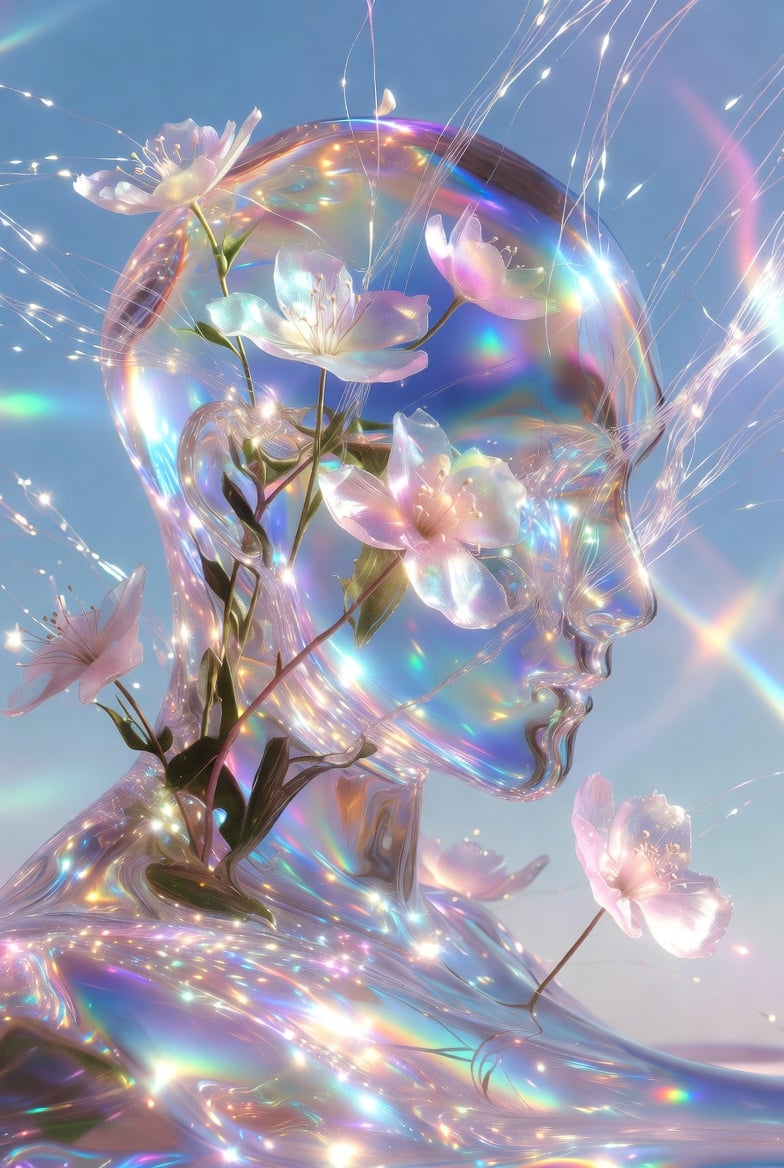 Ethereal glass sculpture with flowers