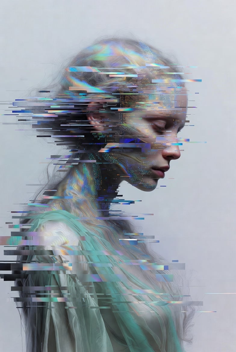 Digital glitch portrait with iridescent fragments